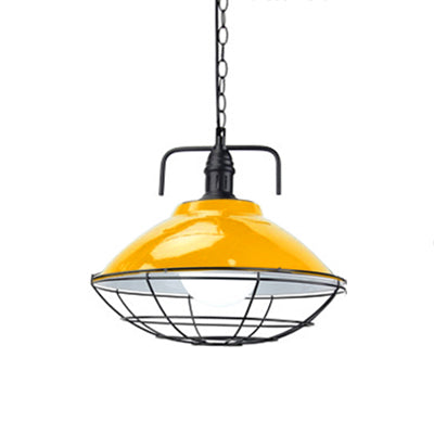 Lampe suspendue industrielle : suspension en forme de dôme à 1 lumière de 11"/14" de diamètre, métal noir/bleu avec cage métallique pour éclairage intérieur