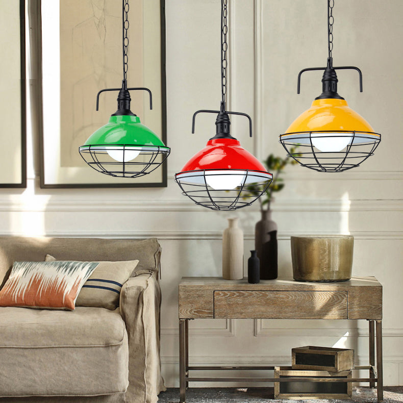 Lampe suspendue industrielle : suspension en forme de dôme à 1 lumière de 11"/14" de diamètre, métal noir/bleu avec cage métallique pour éclairage intérieur