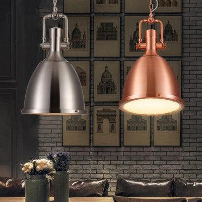 Industrial Nickel/Copper Pendant Lamp With Glass Diffuser - Hanging Metal Dome Ceiling Light