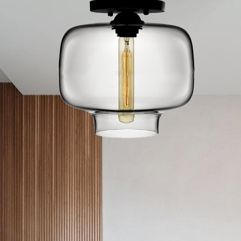 Modern Multi-Colored Lantern Flushmount Light with Glass Shade - Black Finish