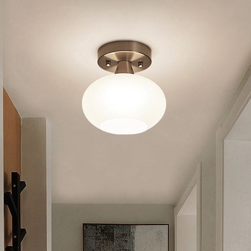 Modern White Glass Flush Mount Oval Lantern Ceiling Light for Bedroom