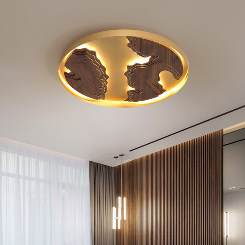 Contemporary Wood Gold/White Round LED Flush Mount Lamp for Living Room Ceiling - 16"/19.5"/23.5" Diameter