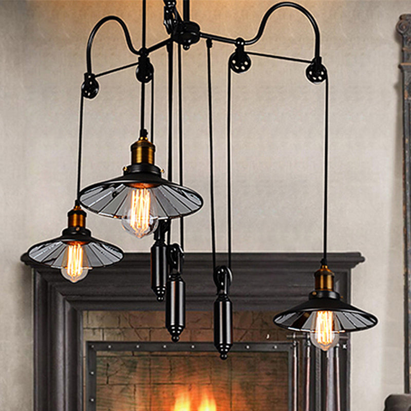 Suspension industrielle noire avec 3 têtes en métal, poulie et cordon - Parfait pour le salon