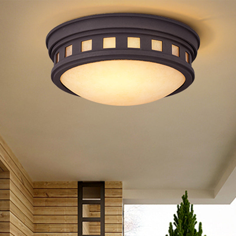 Rustic Metal Drum Flush Mount Ceiling Light with Opal Glass – Bronze/Gold Outdoor Porch Lighting