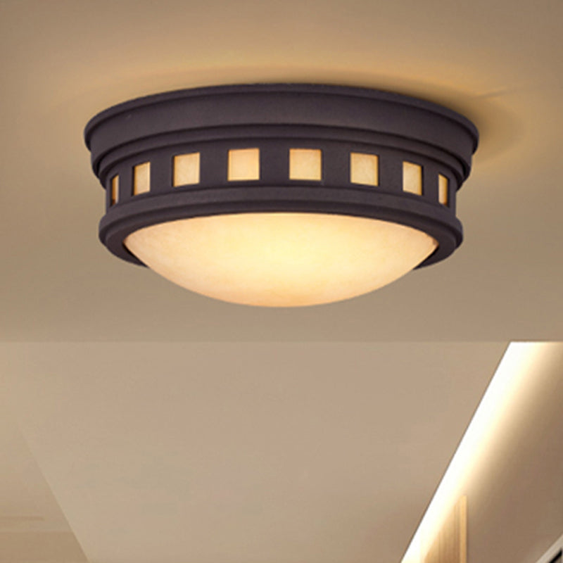 Rustic Metal Drum Flush Mount Ceiling Light with Opal Glass – Bronze/Gold Outdoor Porch Lighting