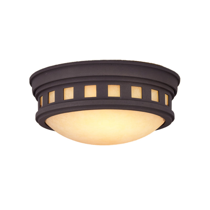 Rustic Metal Drum Flush Mount Ceiling Light with Opal Glass – Bronze/Gold Outdoor Porch Lighting
