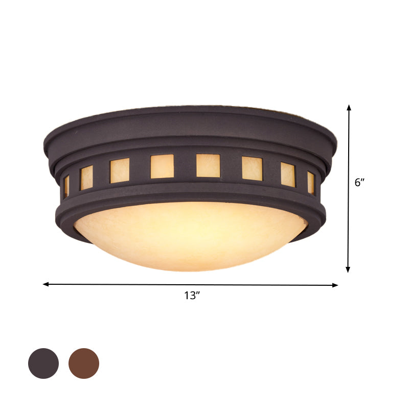 Rustic Metal Drum Flush Mount Ceiling Light with Opal Glass – Bronze/Gold Outdoor Porch Lighting