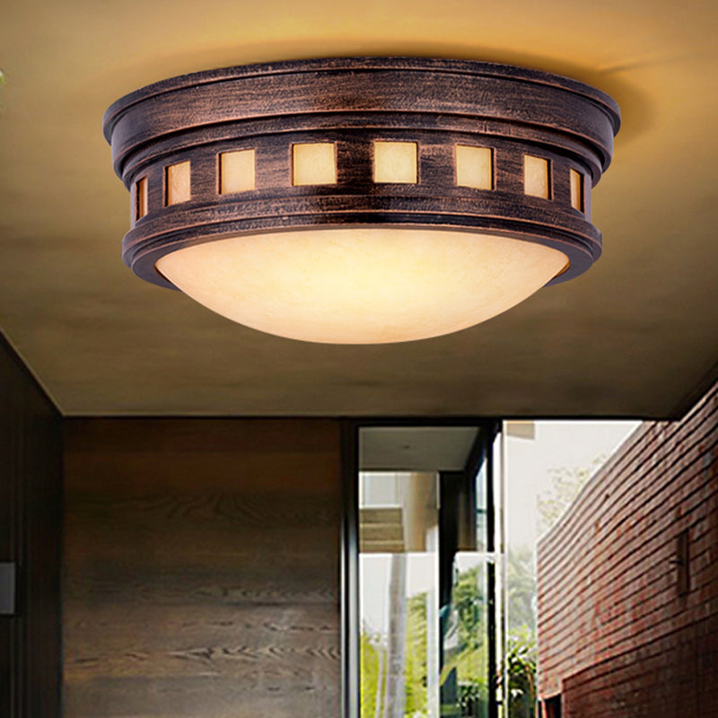 Rustic Metal Drum Flush Mount Ceiling Light with Opal Glass – Bronze/Gold Outdoor Porch Lighting