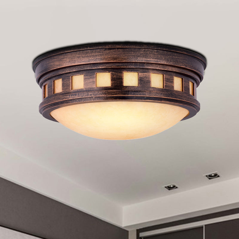 Rustic Metal Drum Flush Mount Ceiling Light with Opal Glass – Bronze/Gold Outdoor Porch Lighting