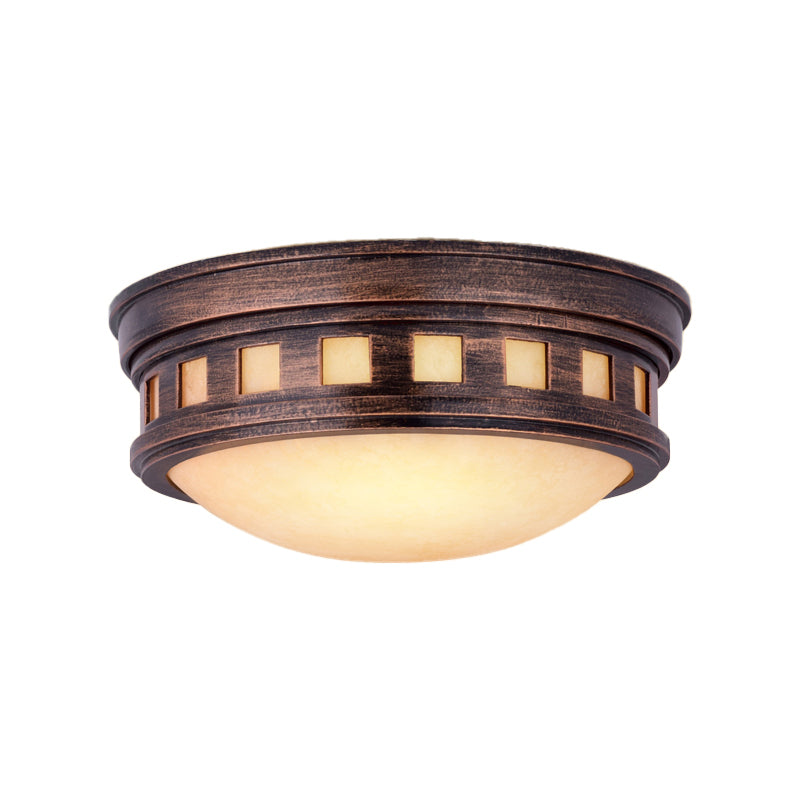 Rustic Metal Drum Flush Mount Ceiling Light with Opal Glass – Bronze/Gold Outdoor Porch Lighting