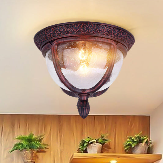 Vintage Copper Outdoor Flush Lighting with Seeded Glass and 2 Bulbs for Balcony