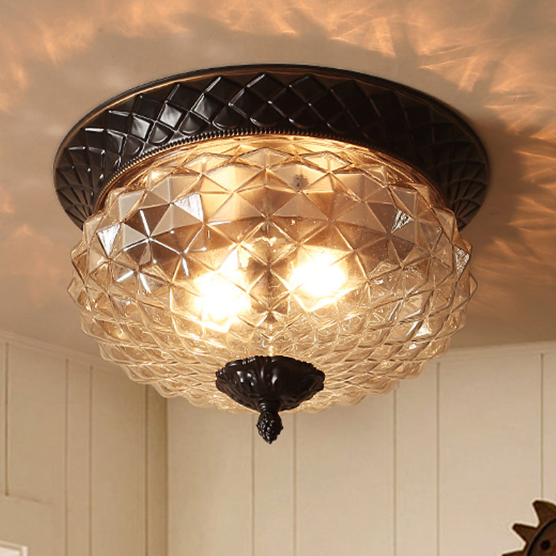 Clear Glass Industrial Flush Ceiling Light with Black Finish - 2 Lights for Foyer or Entryway
