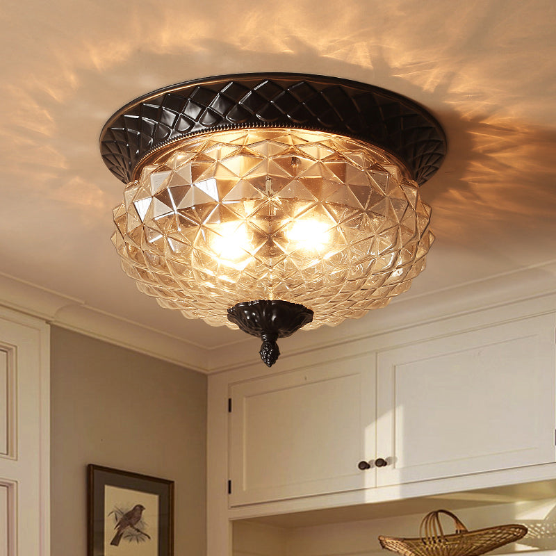 Clear Glass Industrial Flush Ceiling Light with Black Finish - 2 Lights for Foyer or Entryway