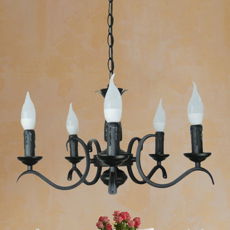 Lustre à bougie sans flamme à 3/5 têtes de style vintage - Lampe suspendue métallique noire pour salon