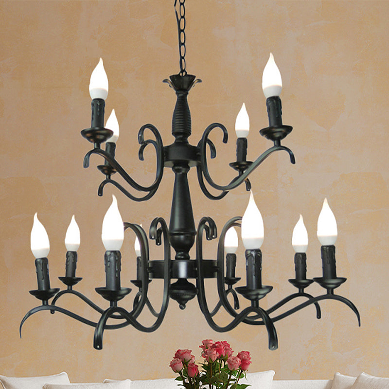 Lustre à bougie sans flamme à 3/5 têtes de style vintage - Lampe suspendue métallique noire pour salon