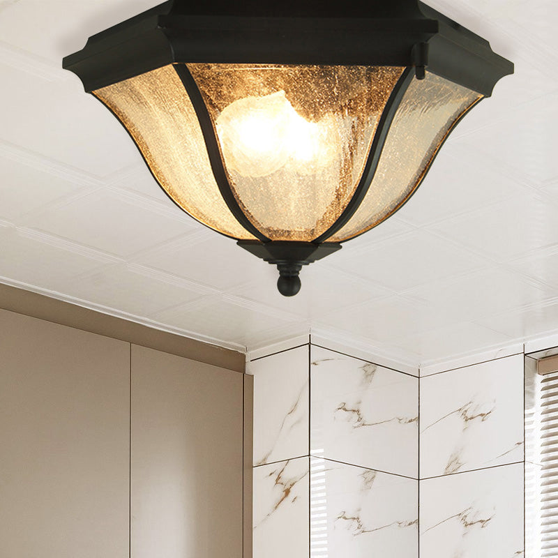 Outdoor Geometric Flush Light with Seeded Glass Shades - Traditional Black Ceiling Fixture for Balcony (2 Bulbs)