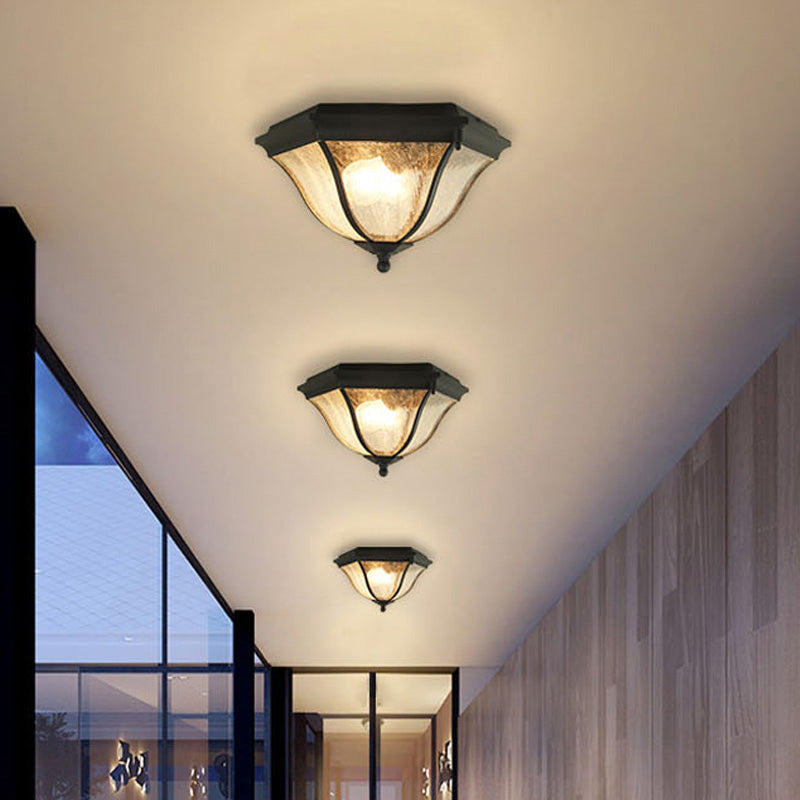 Outdoor Geometric Flush Light with Seeded Glass Shades - Traditional Black Ceiling Fixture for Balcony (2 Bulbs)