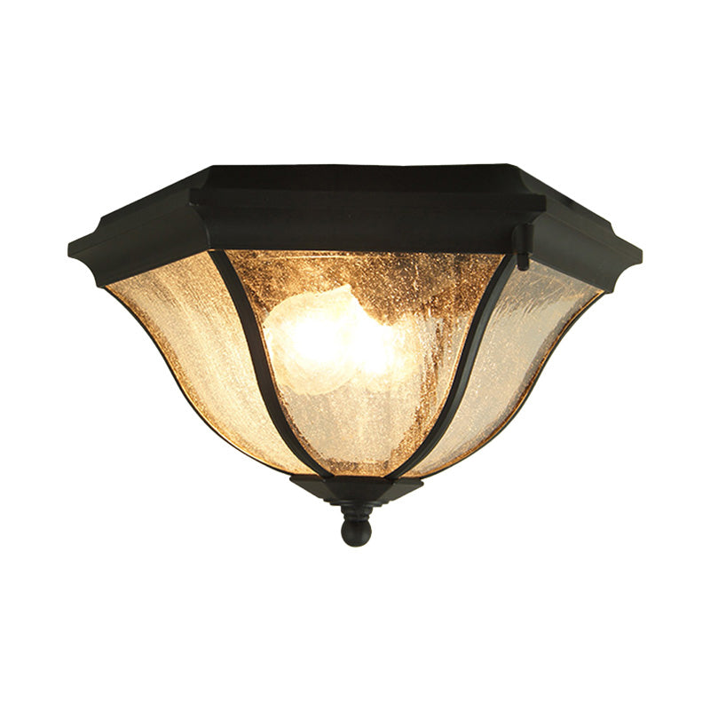 Outdoor Geometric Flush Light with Seeded Glass Shades - Traditional Black Ceiling Fixture for Balcony (2 Bulbs)