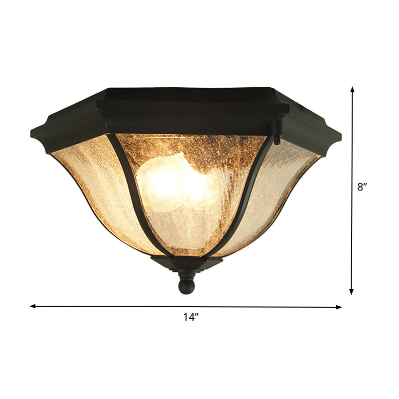 Outdoor Geometric Flush Light with Seeded Glass Shades - Traditional Black Ceiling Fixture for Balcony (2 Bulbs)