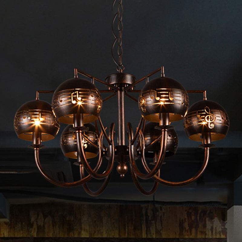Retro 6-Light Rust Pendant Chandelier with Musical Note Metal – Ideal for Restaurants