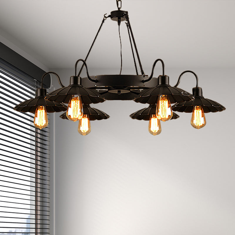 Lustre de restaurant de style vintage - 6 lampes vers le haut et vers le bas avec abat-jour festonné en noir