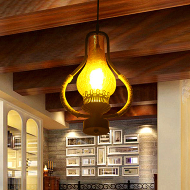 Vintage Yellow Crackle Glass Kerosene Pendant Light for Living Room - Black 1-Light Hanging Ceiling Lighting