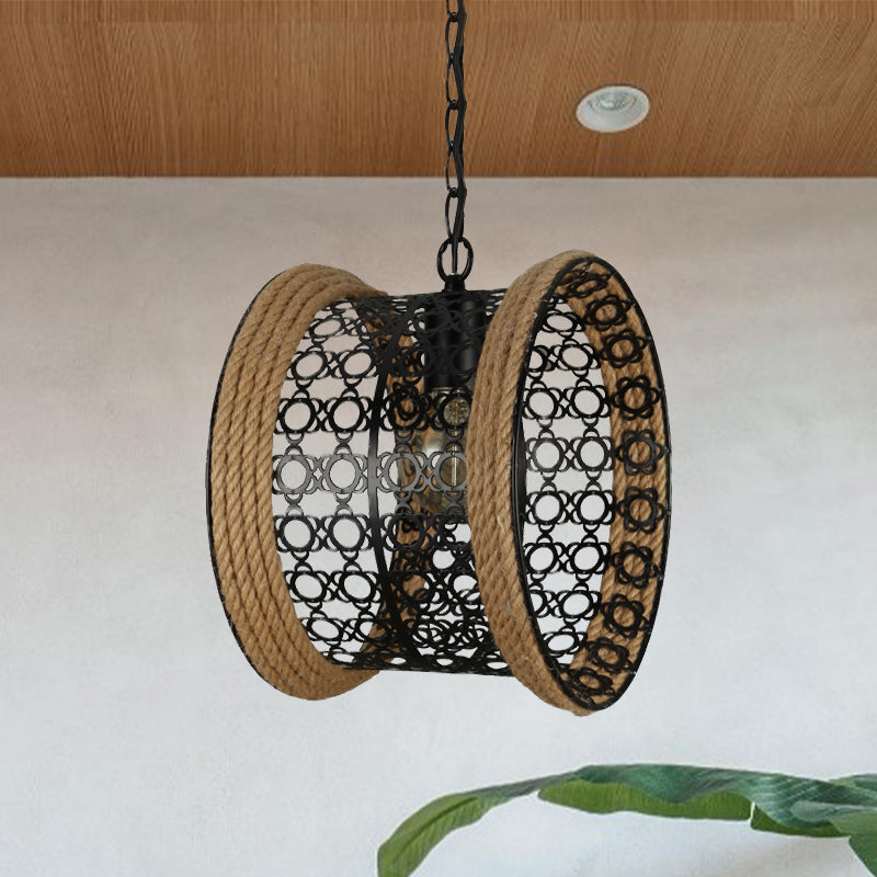 1-Light Indoor Black Mesh Drum Metal Shade Pendant Lamp With Rope Detail