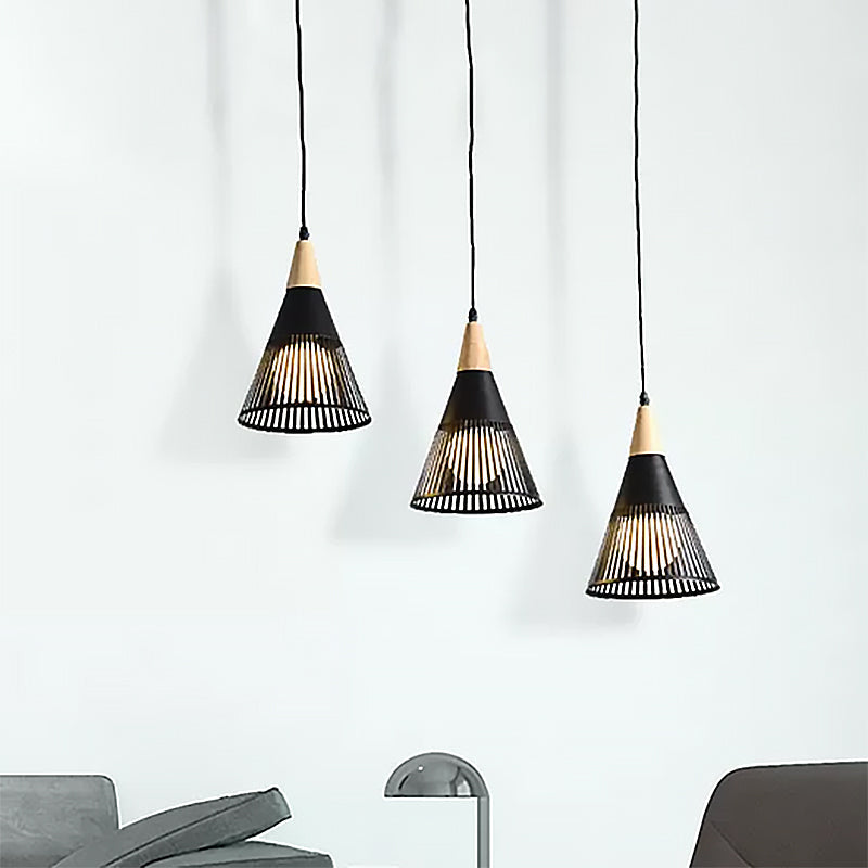 Plafonnier Nordic Cone - Suspension à 3 têtes en métal et bois avec cadre en fil de fer, auvent linéaire/rond - Noir/blanc