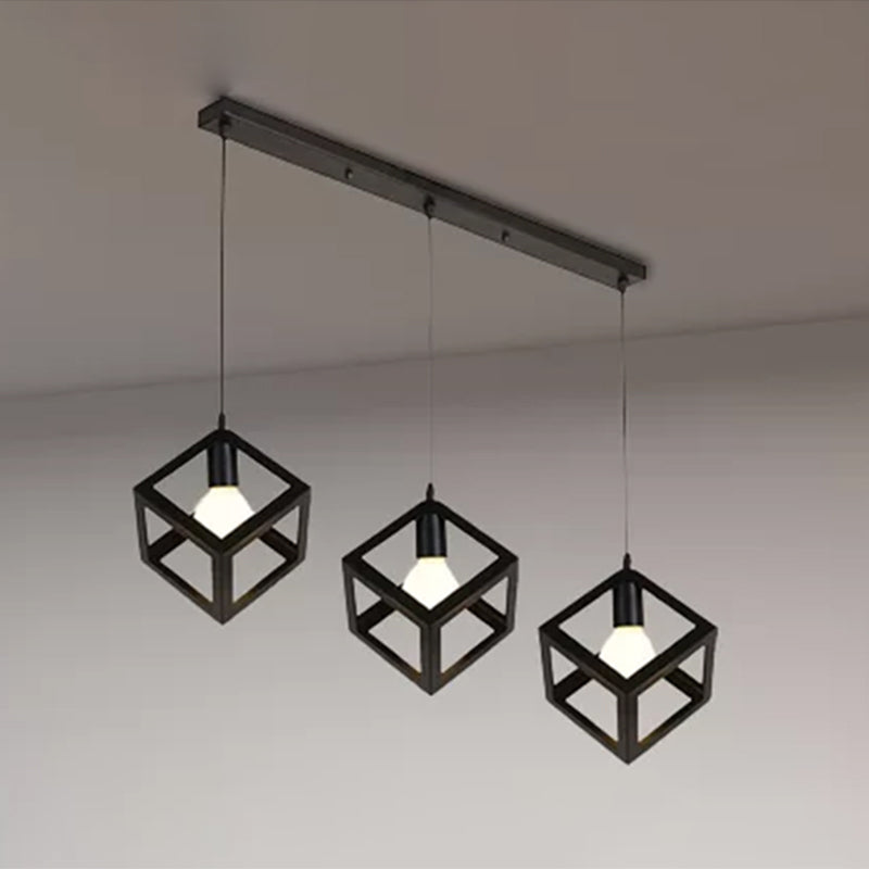 Suspension industrielle en métal avec abat-jour en cage métallique - 3 ampoules, noir/blanc, plafonnier de salon