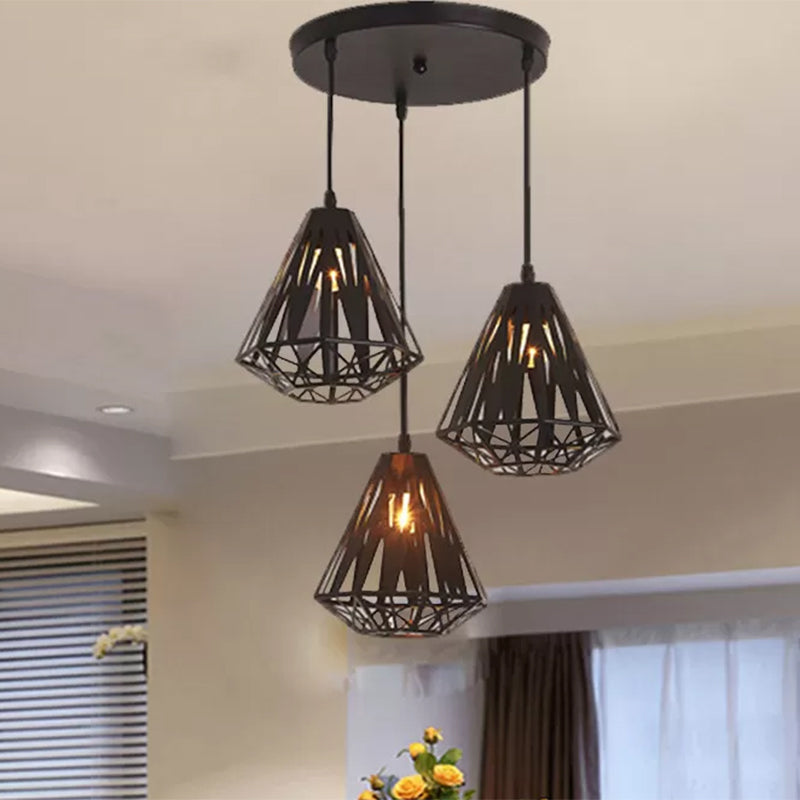 Stylish Wire Cage Suspension Light with Diamond Shade - Loft 3-Head Metal Ceiling Fixture (Black/White)