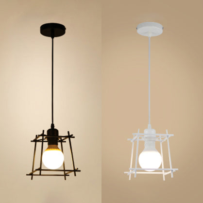 Retro Square Cage Pendant Light - Metal Ceiling Lamp for Bedroom (Black/White)