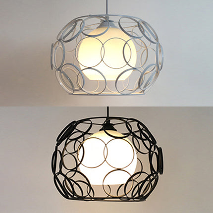Vintage Metal Pendant Light with Opal Glass Shade - Black/White Wire Frame - Indoor Hanging Ceiling Fixture