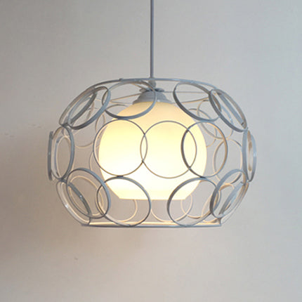 Vintage Metal Pendant Light with Opal Glass Shade - Black/White Wire Frame - Indoor Hanging Ceiling Fixture