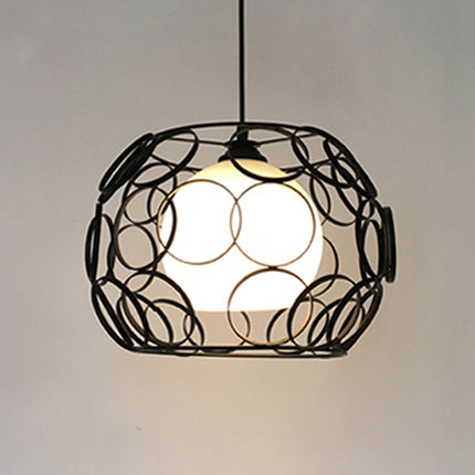 Vintage Metal Pendant Light with Opal Glass Shade - Black/White Wire Frame - Indoor Hanging Ceiling Fixture