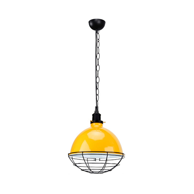 Retro Industrial Metal Pendant Light - Bowl Shade, 1 Bulb - Black/White/Red - Indoor Ceiling Light with Wire Guard and Chain