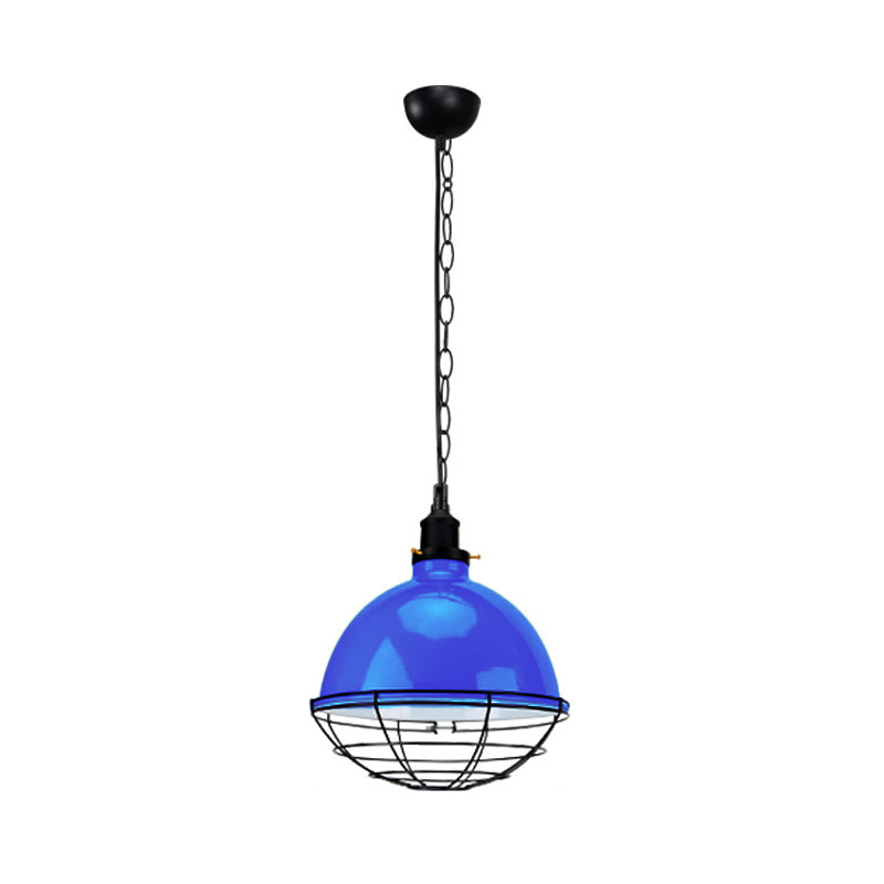 Retro Industrial Metal Pendant Light - Bowl Shade, 1 Bulb - Black/White/Red - Indoor Ceiling Light with Wire Guard and Chain