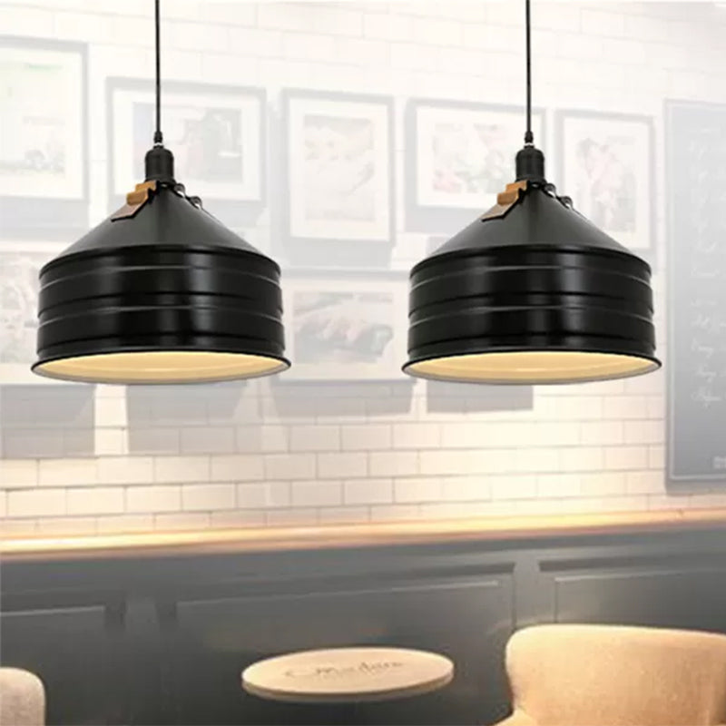 Industrial Metal Ceiling Hanging Lamp with Black Drum Shade – 1-Light Pendant for Bedroom