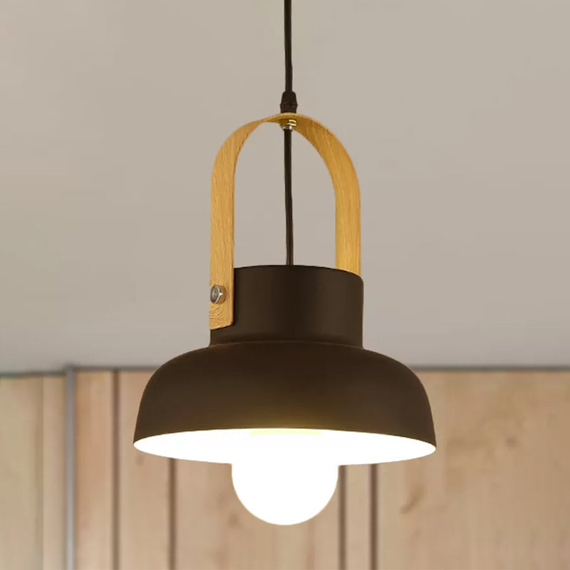 Retro Barn Pendant Lamp - 1 Light Metal Ceiling Light with Leather Strap (White/Grey/Black)
