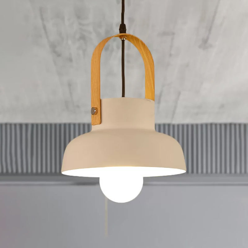 Retro Barn Pendant Lamp - 1 Light Metal Ceiling Light with Leather Strap (White/Grey/Black)