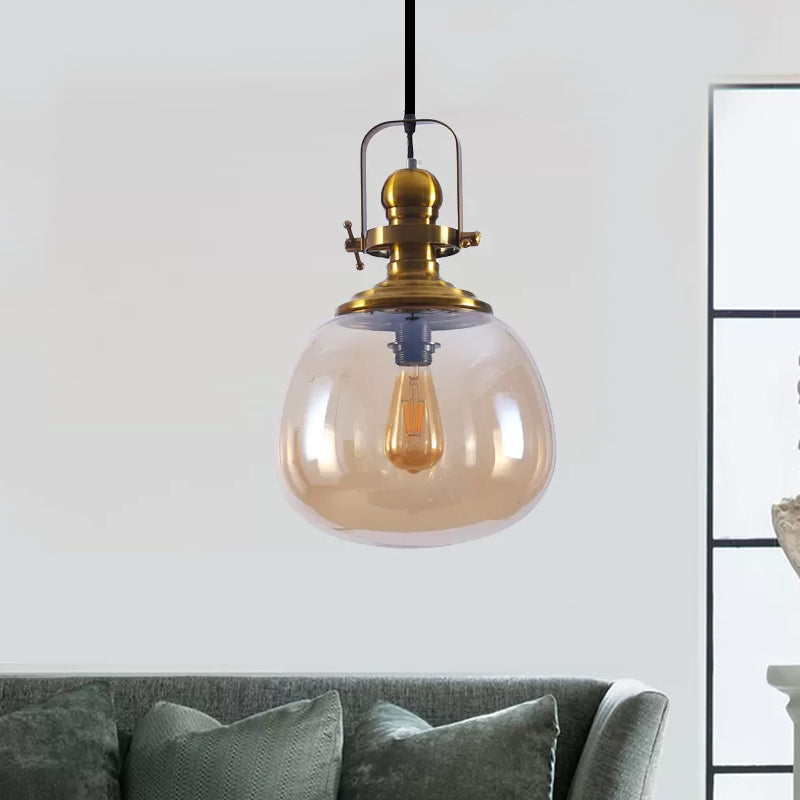 Lampe suspendue moderne en laiton antique et verre ambré pour salon - Lampe de plafond ronde à 1 lumière