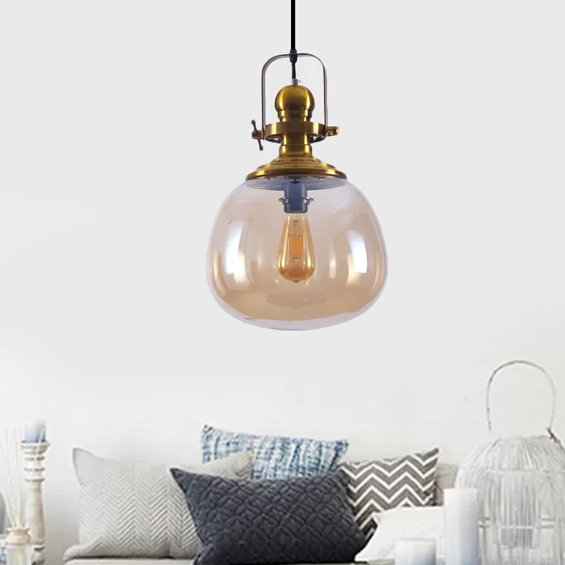 Lampe suspendue moderne en laiton antique et verre ambré pour salon - Lampe de plafond ronde à 1 lumière