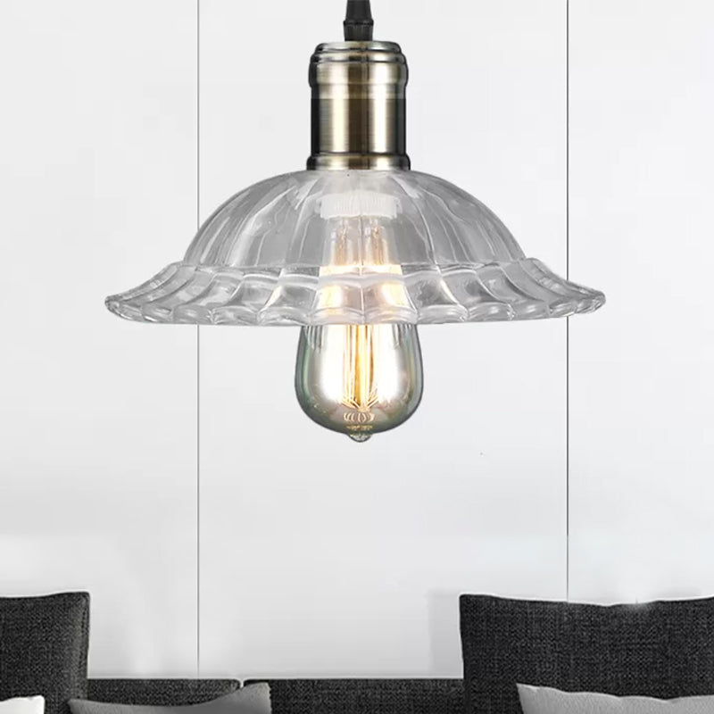 Plafonnier suspendu avec abat-jour en verre côtelé festonné - Luminaire suspendu industriel pour salon - Transparent