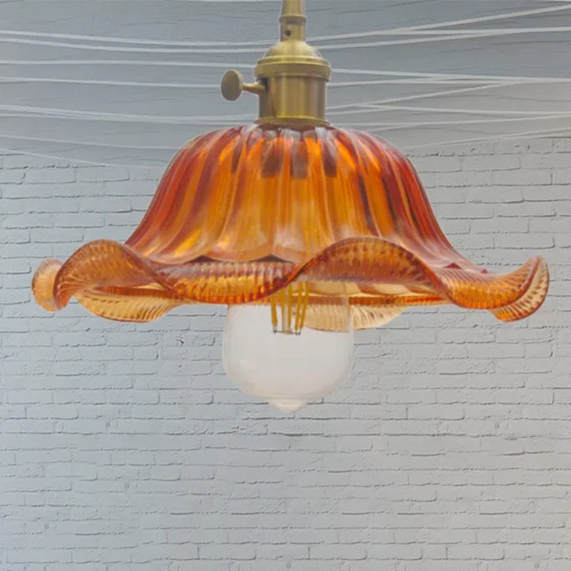 Vintage Scalloped Pendant Lighting - 1 Light Ribbed Glass Hanging Lamp In Yellow 8/10/12 Wide For