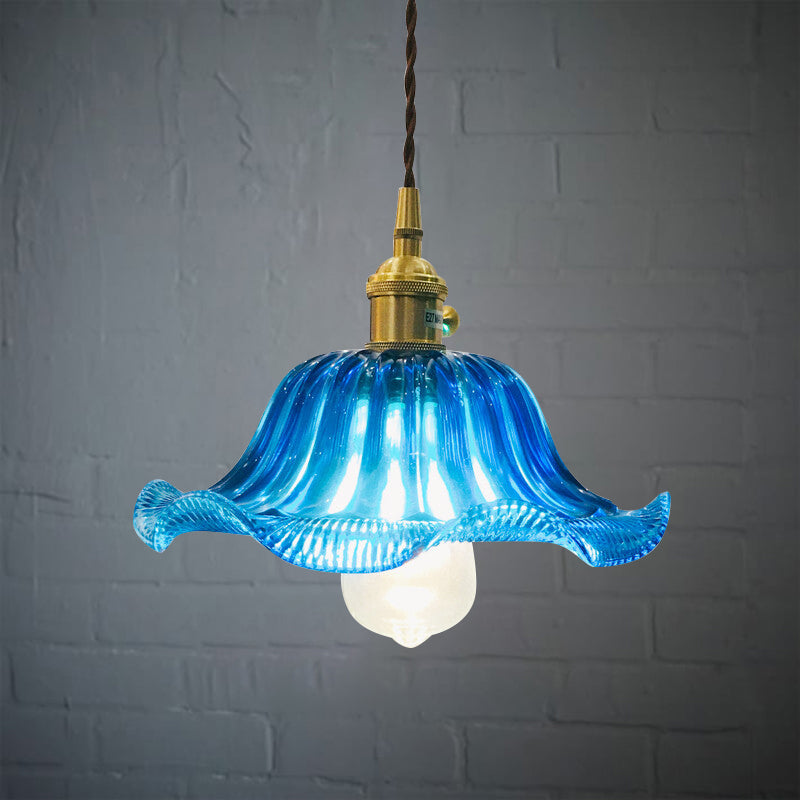 Plafonnier suspendu festonné industriel - Luminaire suspendu en verre bleu à 1 ampoule, 12 po de large