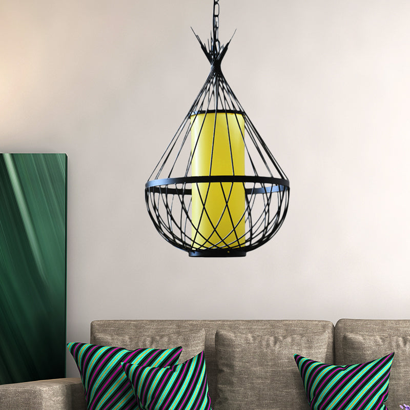 Vintage Style Water Drop Pendant Light with Black Metal Frame and Chain