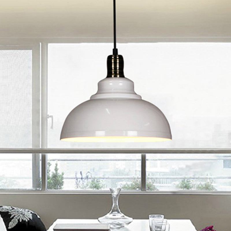 Plafonnier suspendu métallique de style industriel - 12"/14"/16" de diamètre, 1 lampe, abat-jour en forme de bol, intérieur noir/blanc