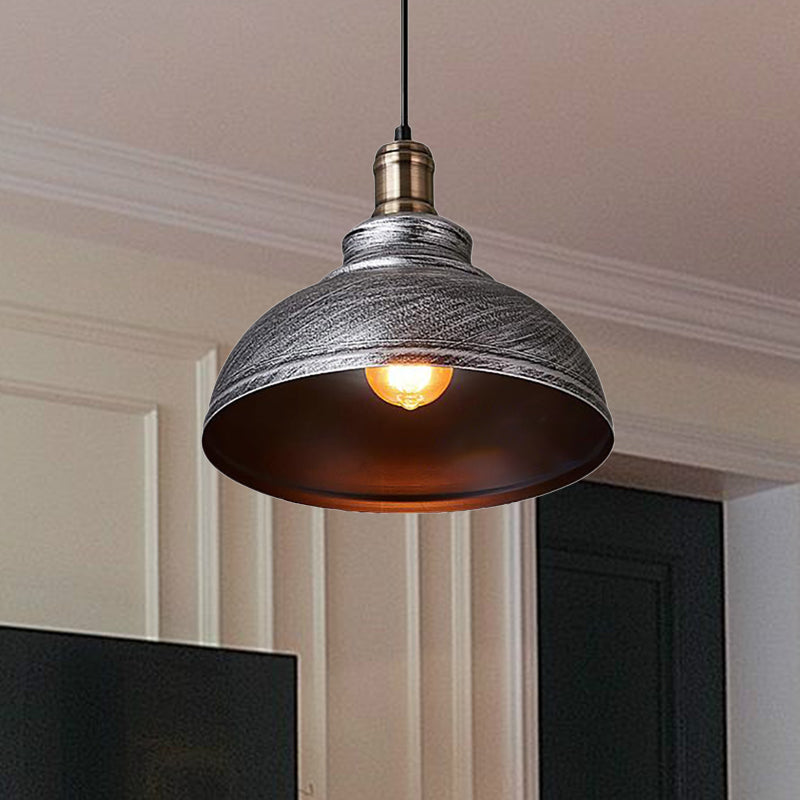 Plafonnier suspendu métallique de style industriel - 12"/14"/16" de diamètre, 1 lampe, abat-jour en forme de bol, intérieur noir/blanc