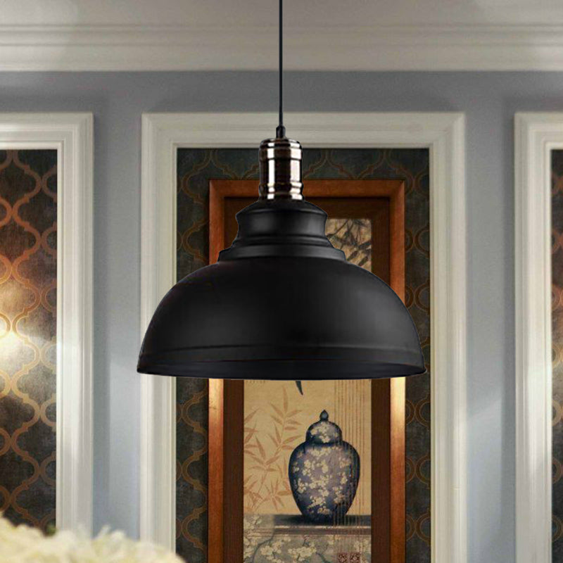 Plafonnier suspendu métallique de style industriel - 12"/14"/16" de diamètre, 1 lampe, abat-jour en forme de bol, intérieur noir/blanc
