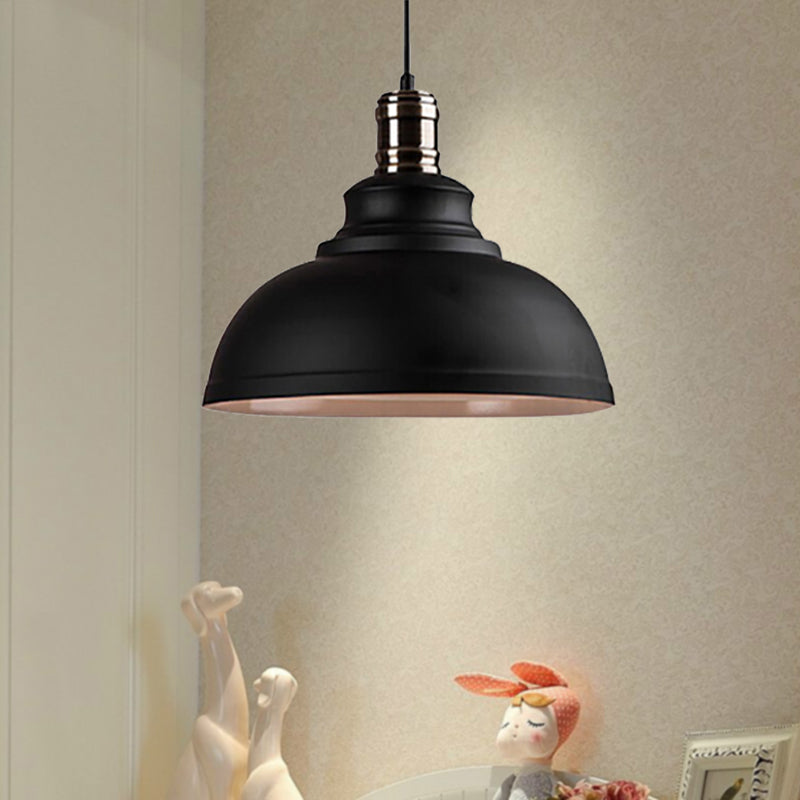 Plafonnier suspendu métallique de style industriel - 12"/14"/16" de diamètre, 1 lampe, abat-jour en forme de bol, intérieur noir/blanc