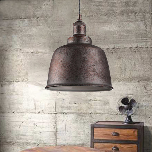 Vintage Rust/White Bucket Pendant Lamp: Adjustable Cord, Indoor Hanging Light